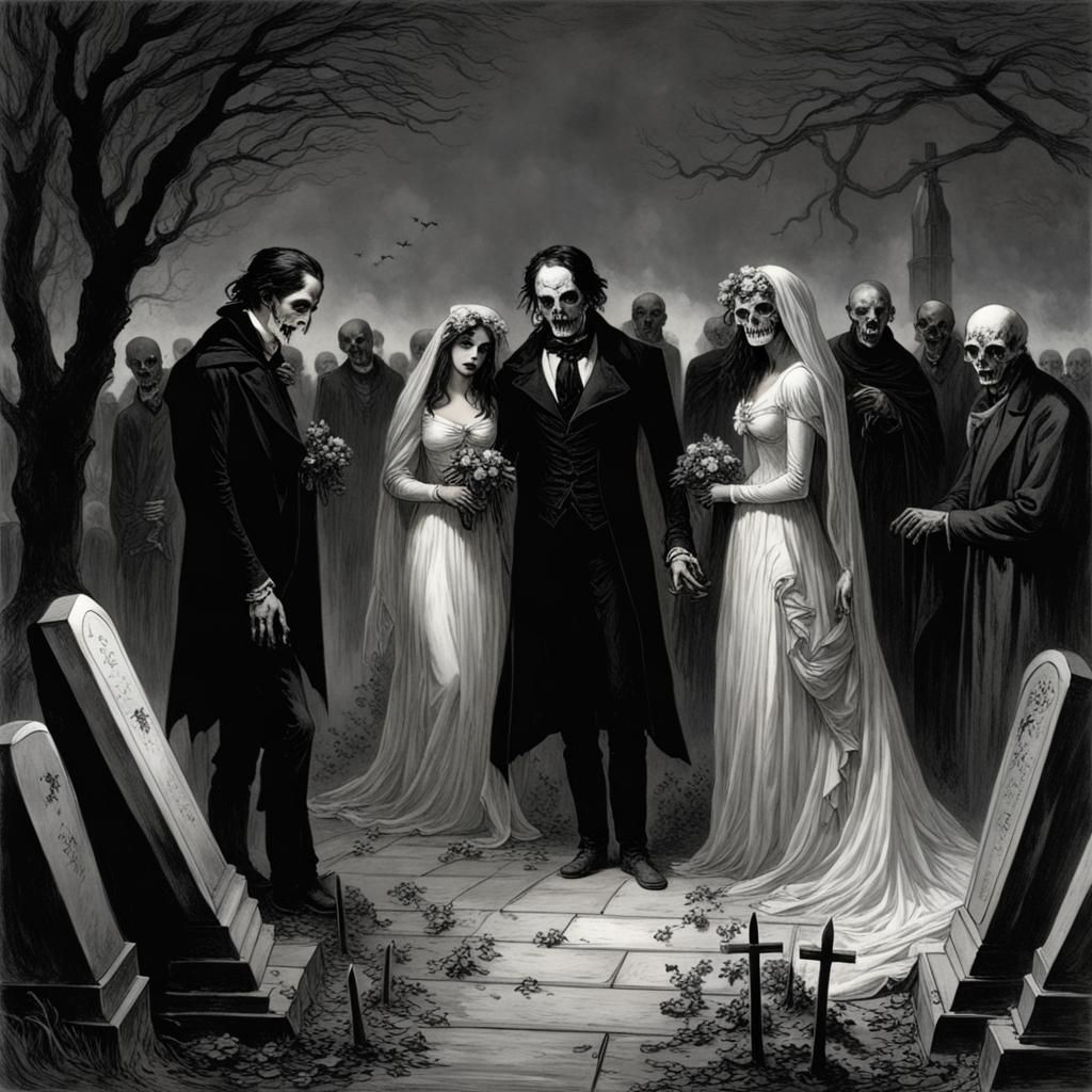 Vampire Wedding in Cemetery: Gothic Horror Art