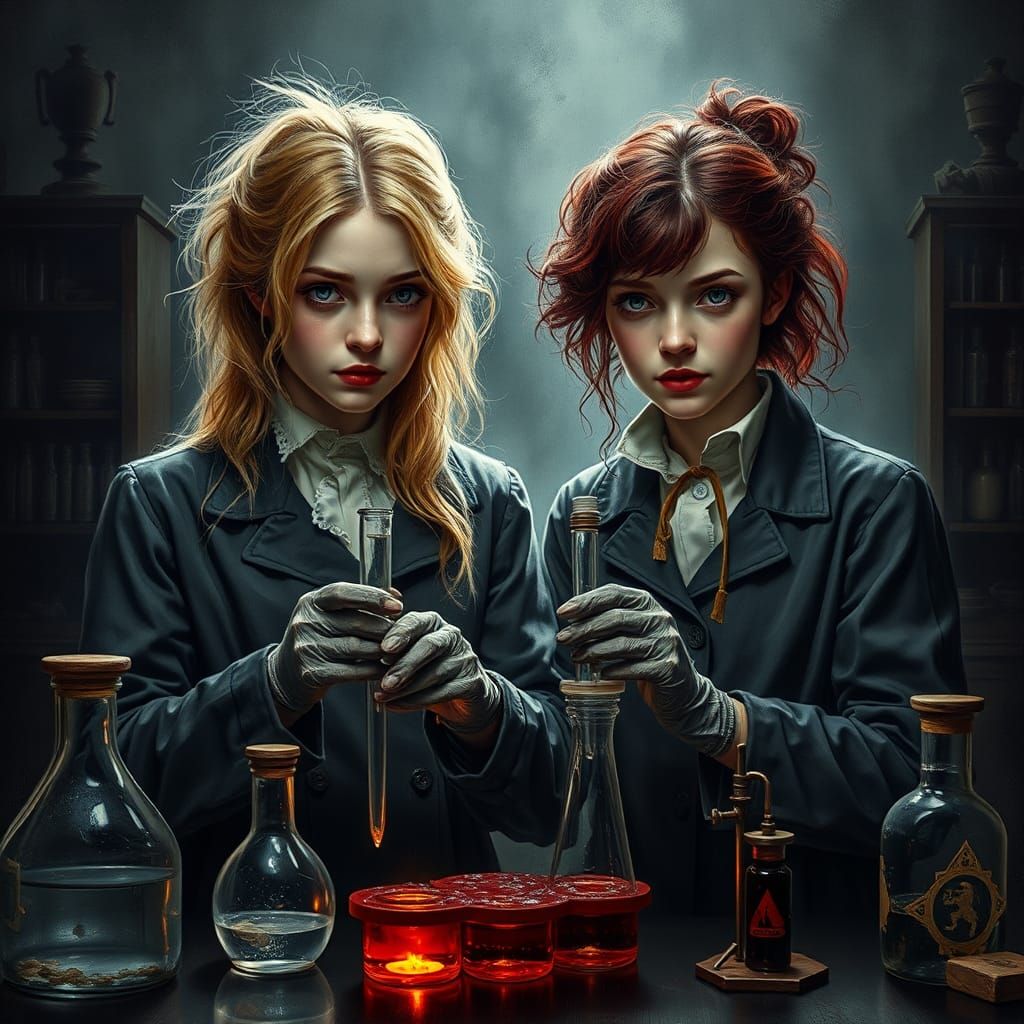 18th Century Portrait: Twin Scientists in Spooky Lab