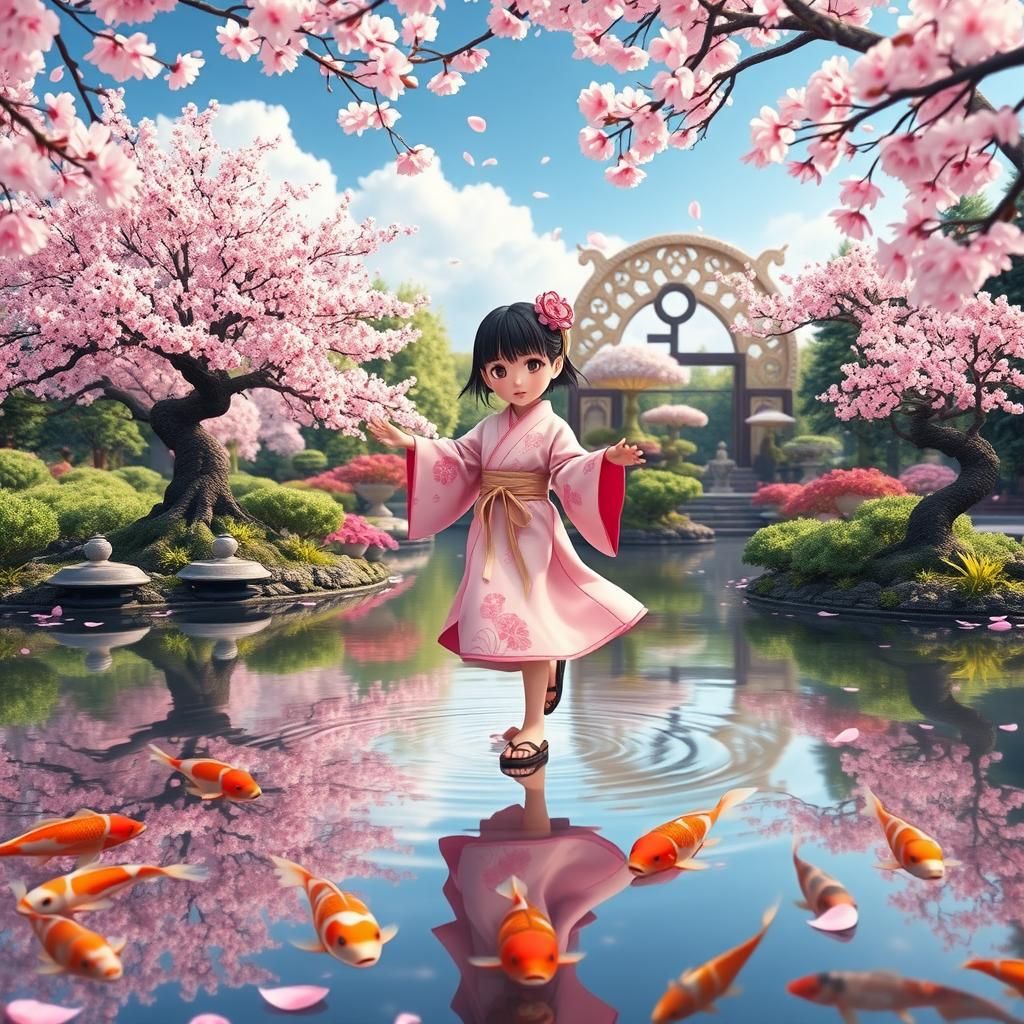 Girl Dancing on Koi Pond in Cherry Blossom Garden