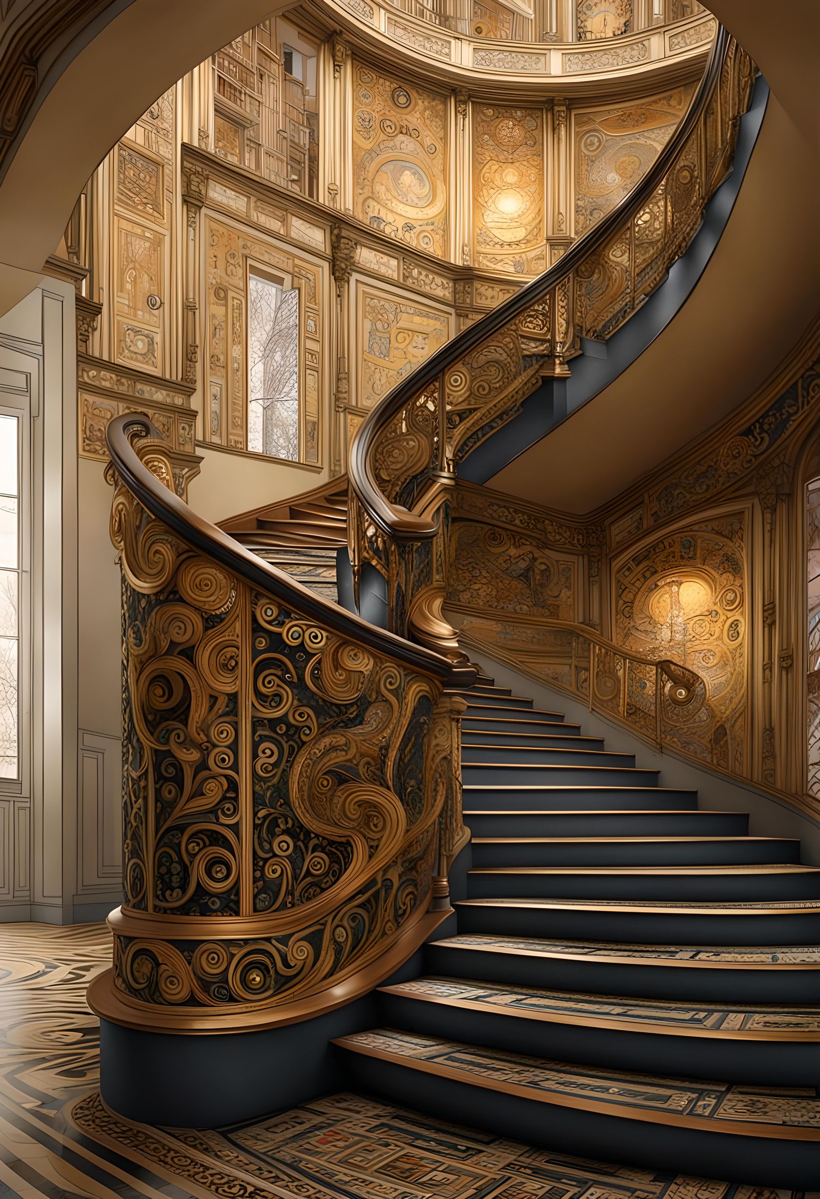 Intricate Staircase Painting in Klimt Style