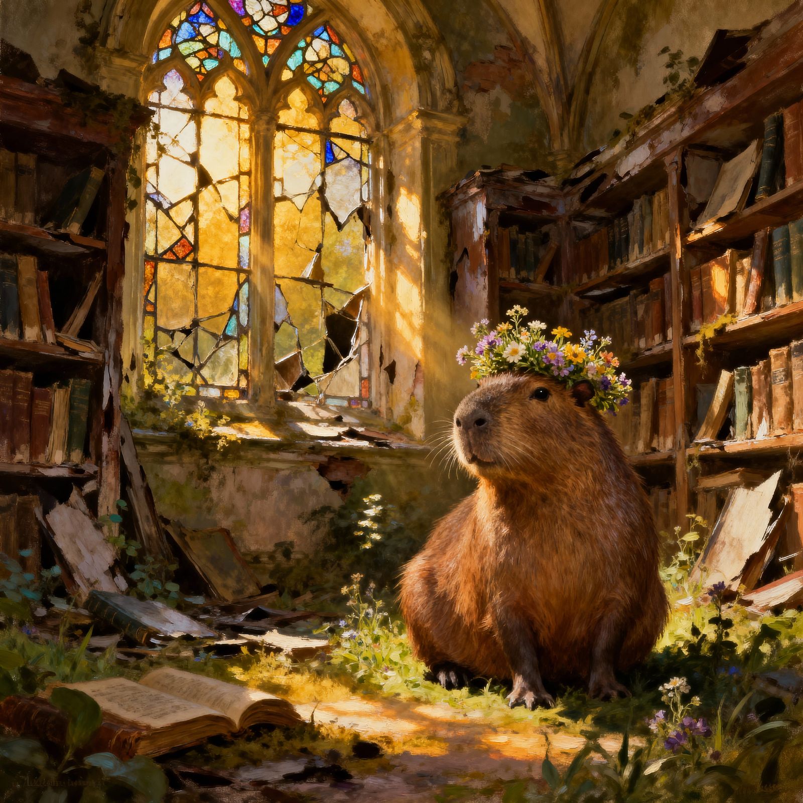 Regal Capybara in Wildflower Crown at Nature-Reclaimed Libra...