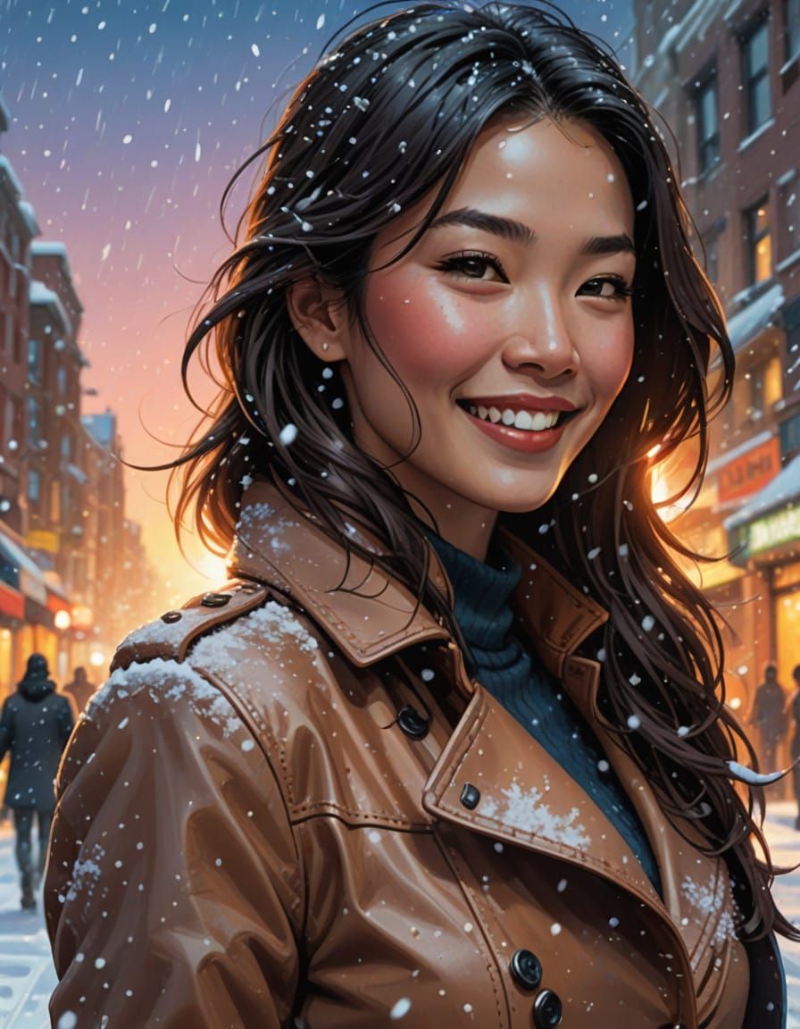 Smiling Asian Woman in Comic Book Style Trenchcoat at Sunset