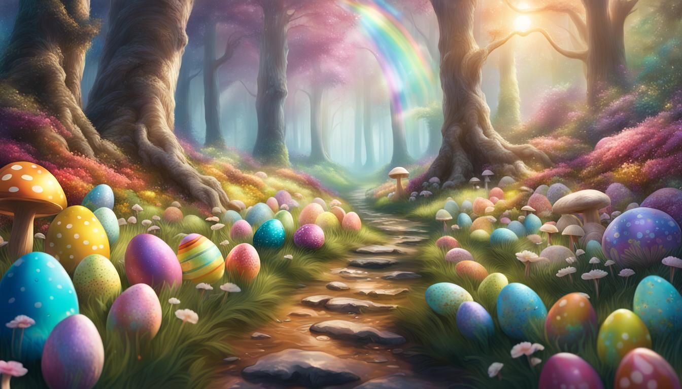 Enchanted Easter Forest Landscape with Easter Bunny