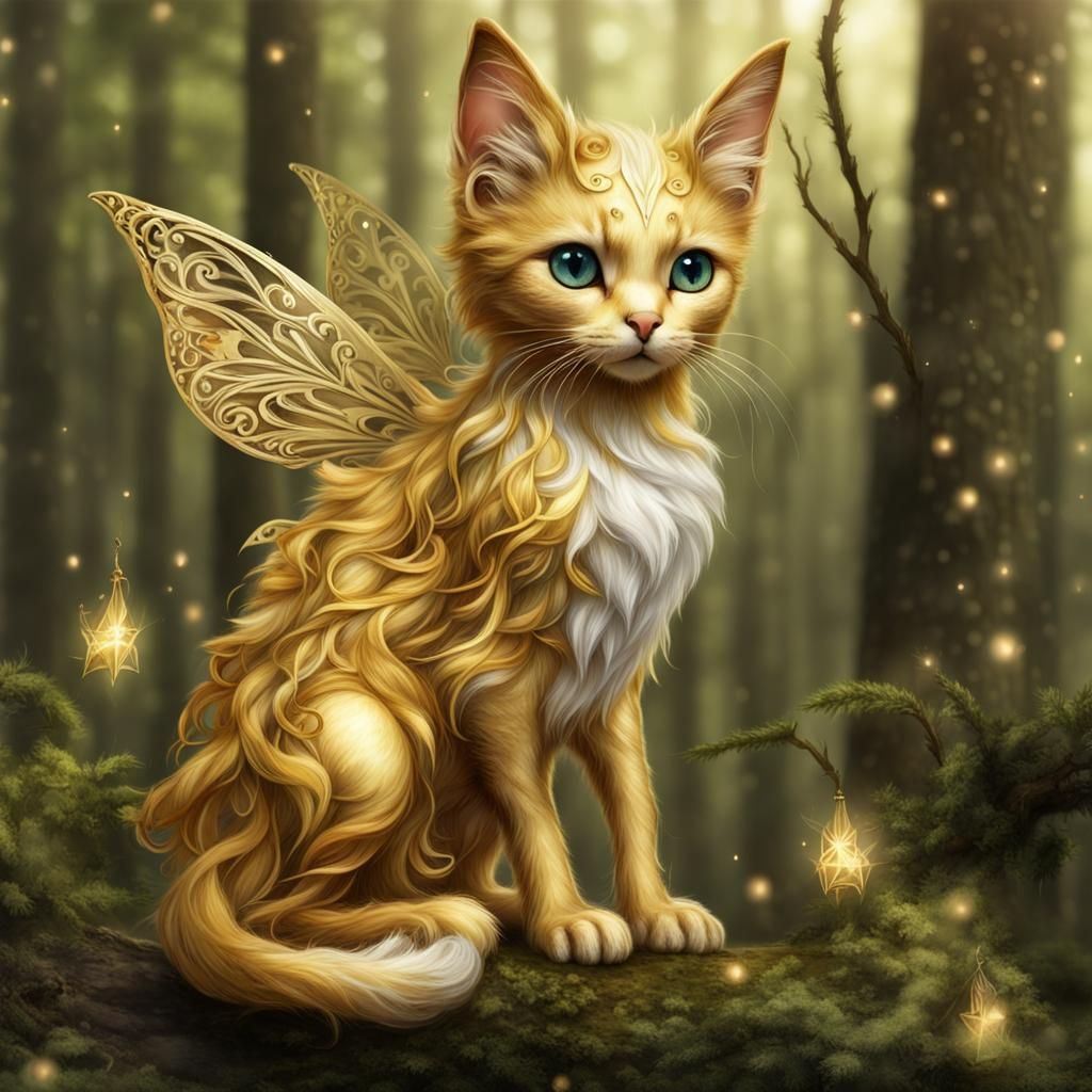 Enchanting Golden Elf Kitty: A Magical Fairy Creature
