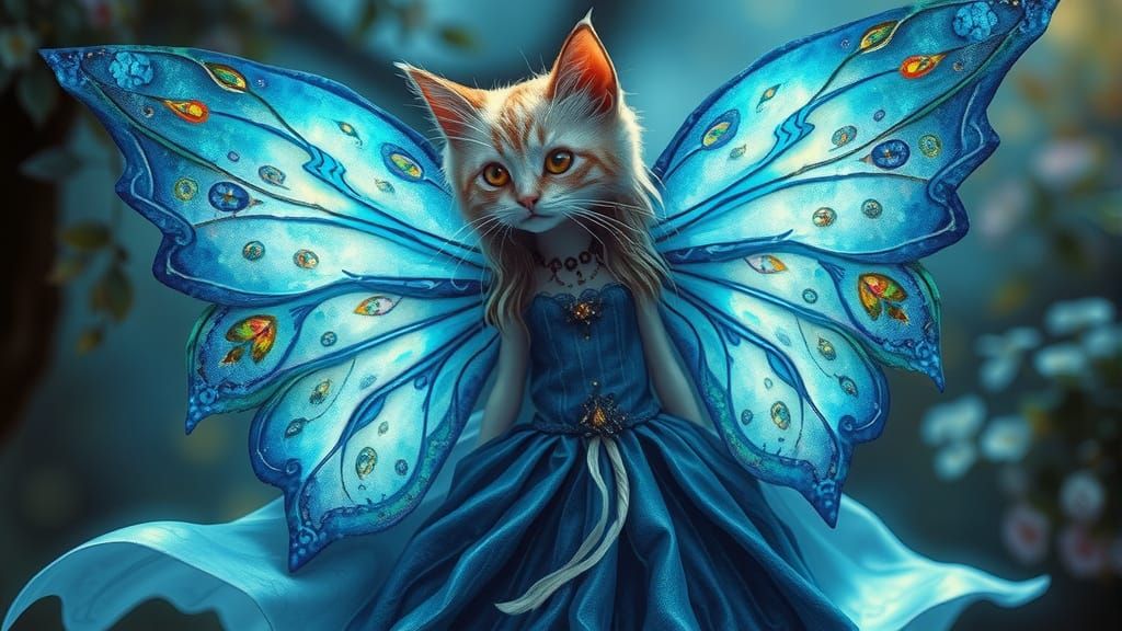 Blue Kitty-Fairy with Mystical Aura in Whimsical Style