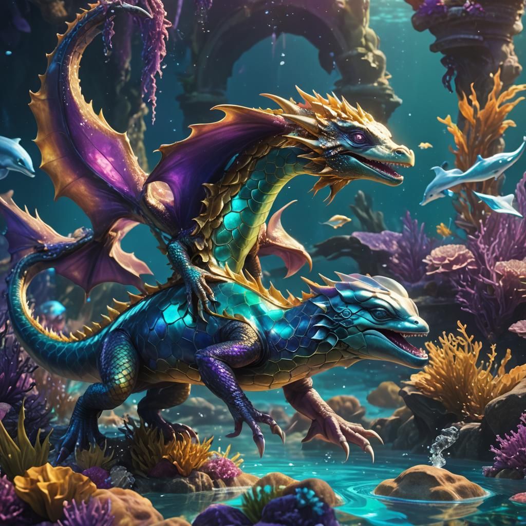 Underwater Kingdom: Dragon and Dolphin Fantasy Art
