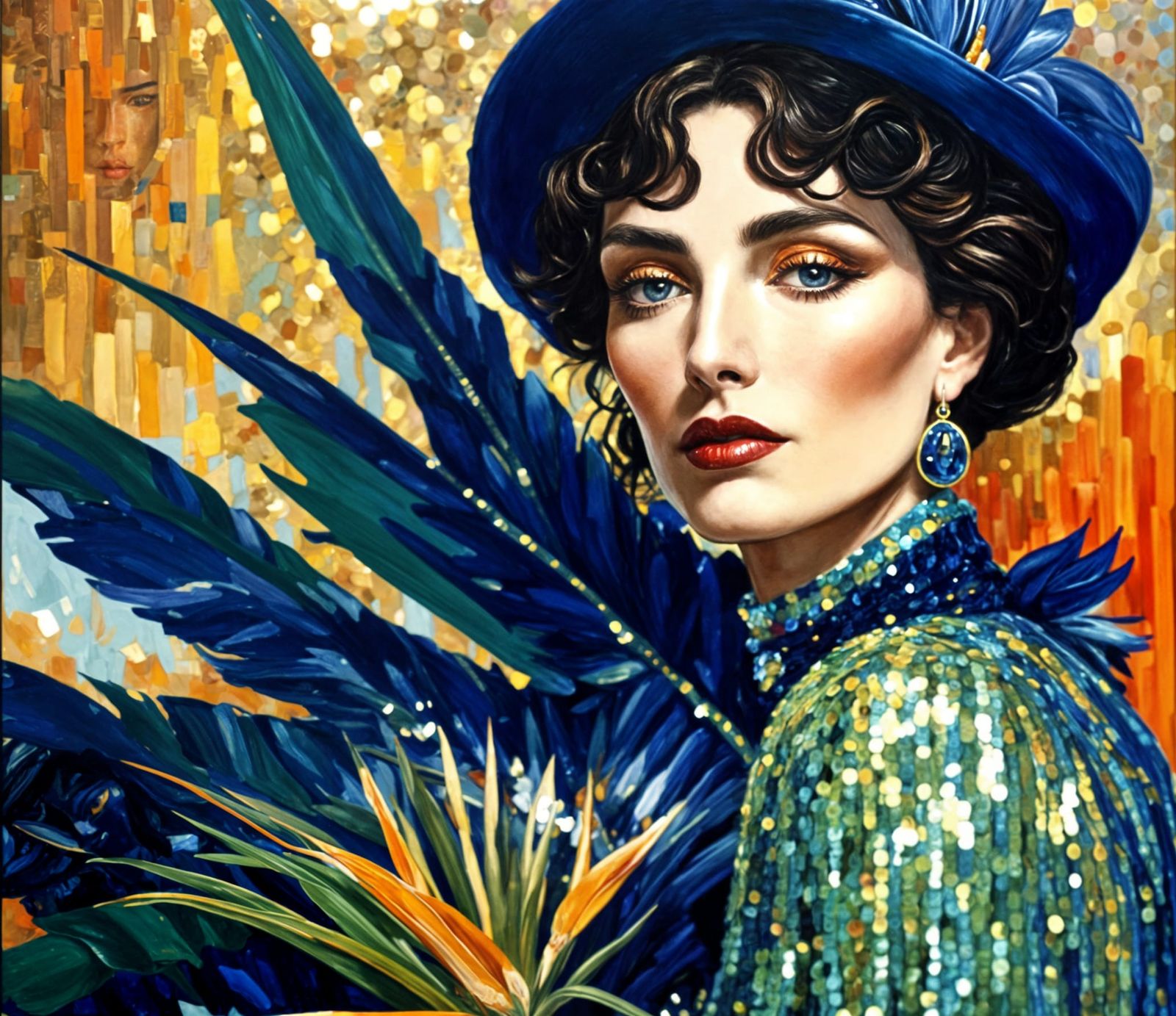 Sequin Lady Portrait with Strelitzia in Oil Painting Style
