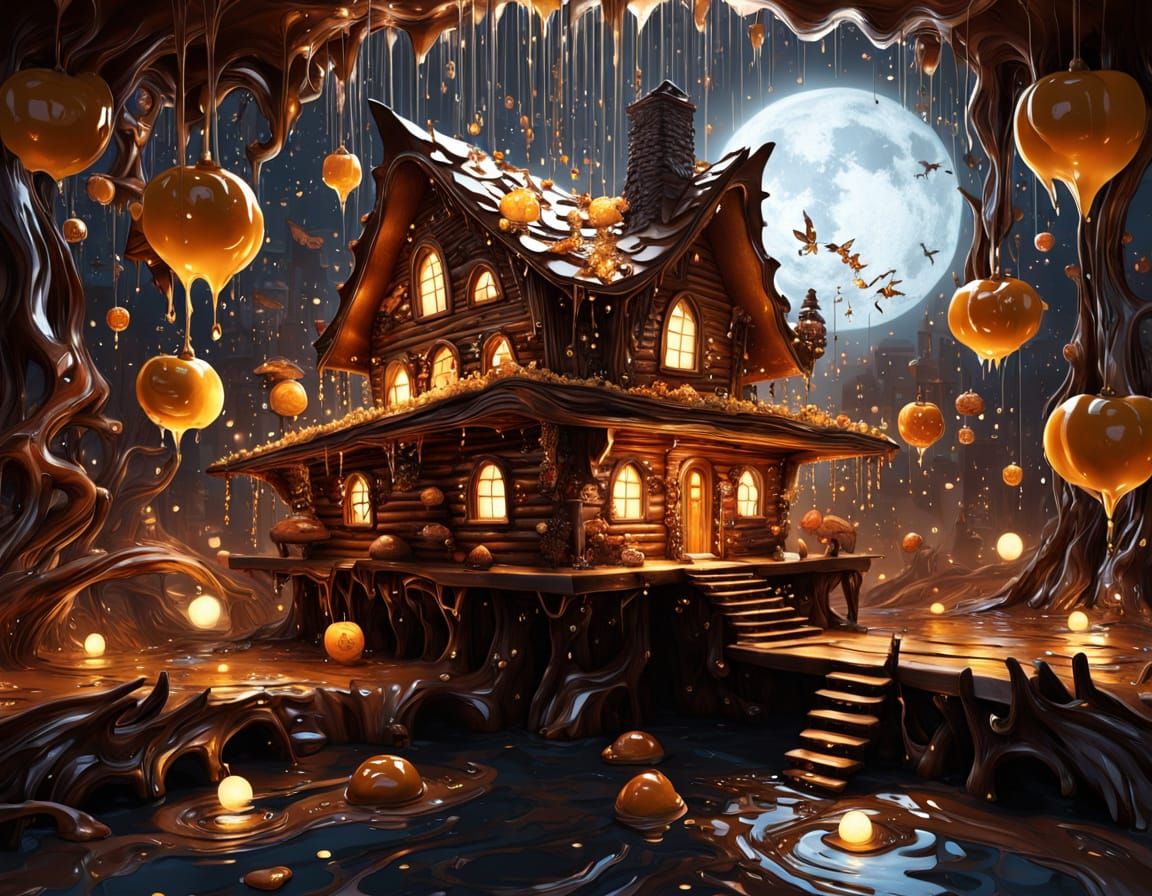 Honey Cabin and Chocolate River in Surreal Landscape