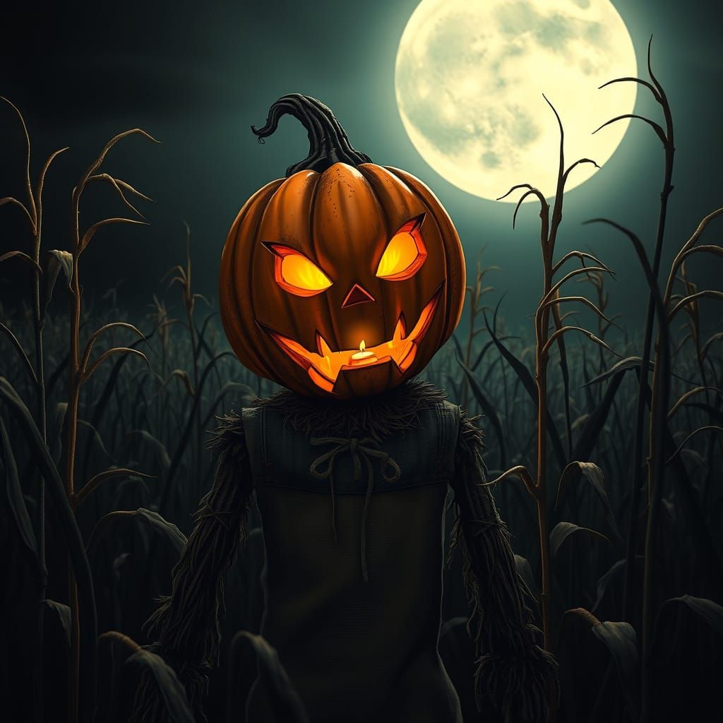 Gothic Pumpkin Head Scarecrow in Moonlit Cornfield