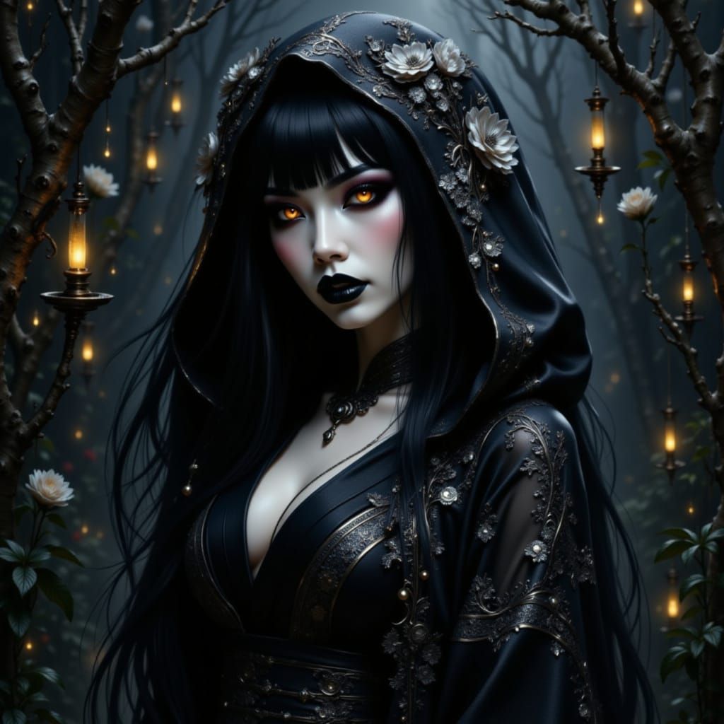 Dark Geisha Vampiress in Haunted Garden