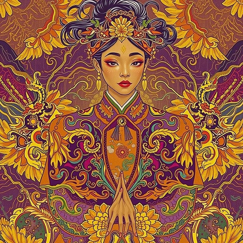 Regal Woman in Cheongsam, Inspired by Ukiyo-e