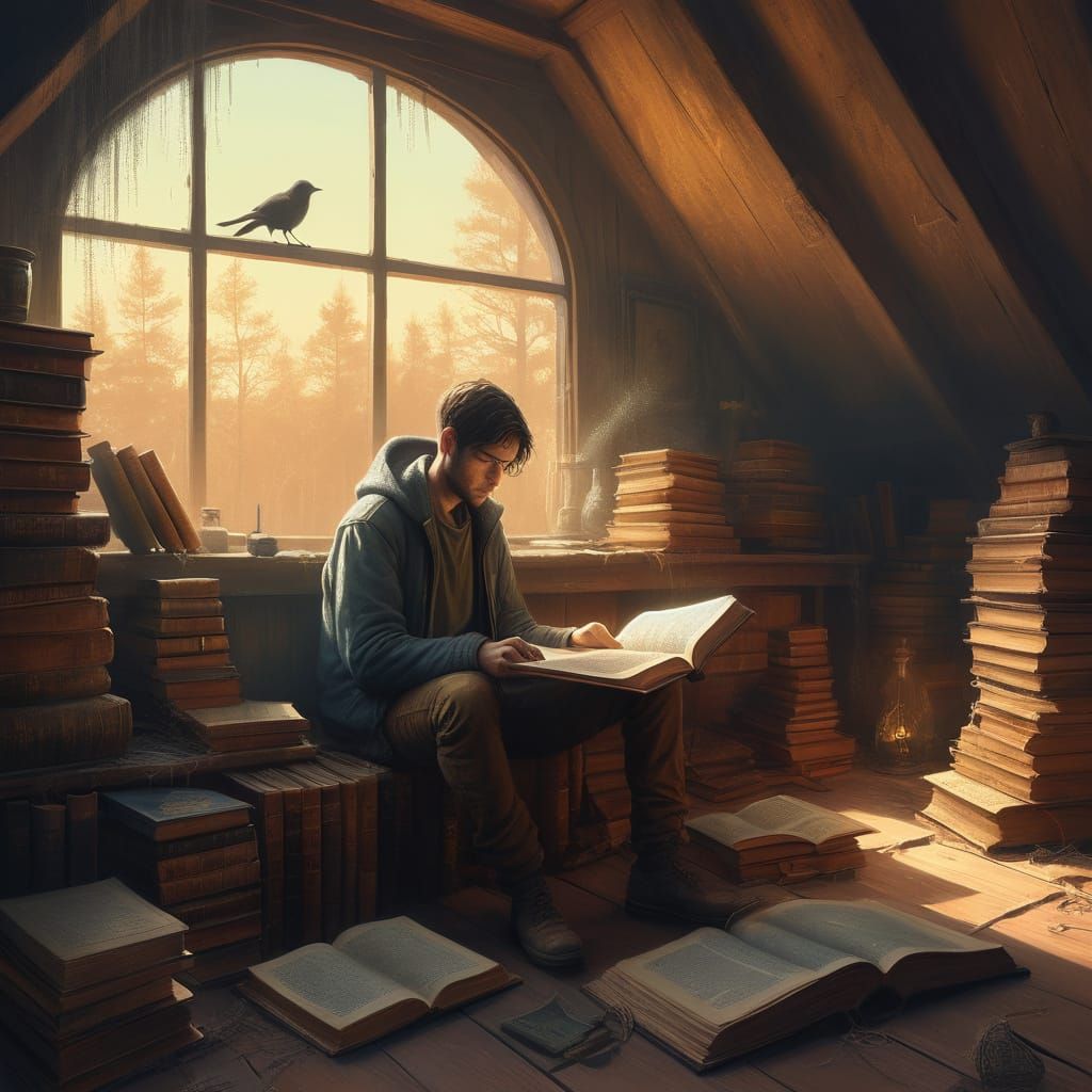Boy Reading in a Mystical Attic: Fantasy Illustration