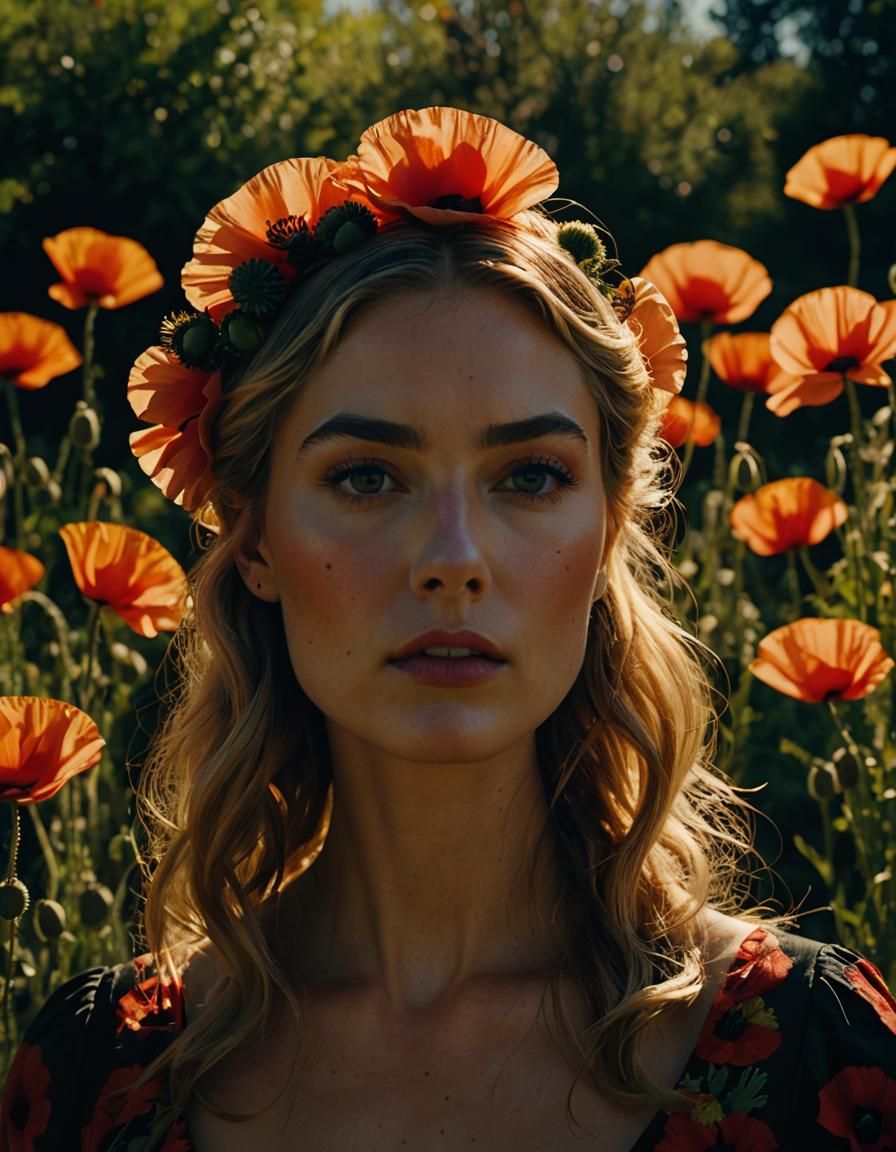 Supermodel with Poppies in Hair, Cinematic Lighting