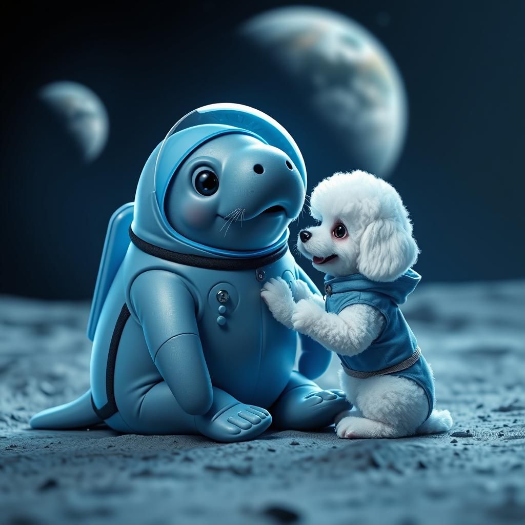 Manatee and Puppy's Cosmic Affection in Sci-Fi Art