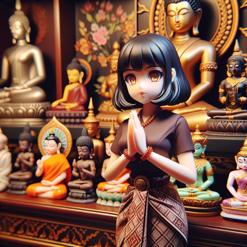 Thai Woman Praying at Altar in Anime Style
