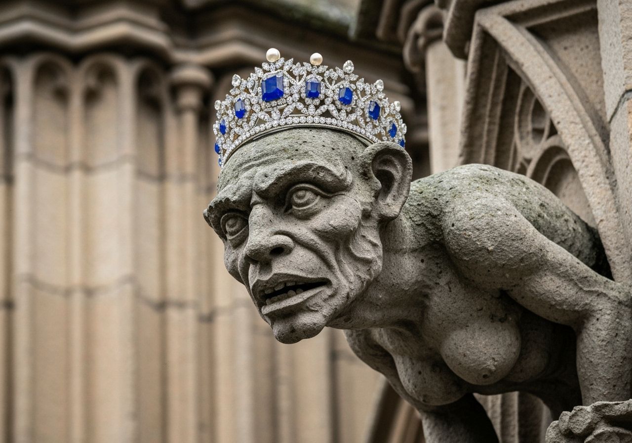 Gothic Gargoyle Wears Sapphire Bridal Tiara