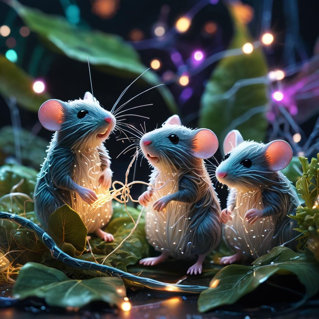 Thread Mice Play on Leaf in Memphis Style