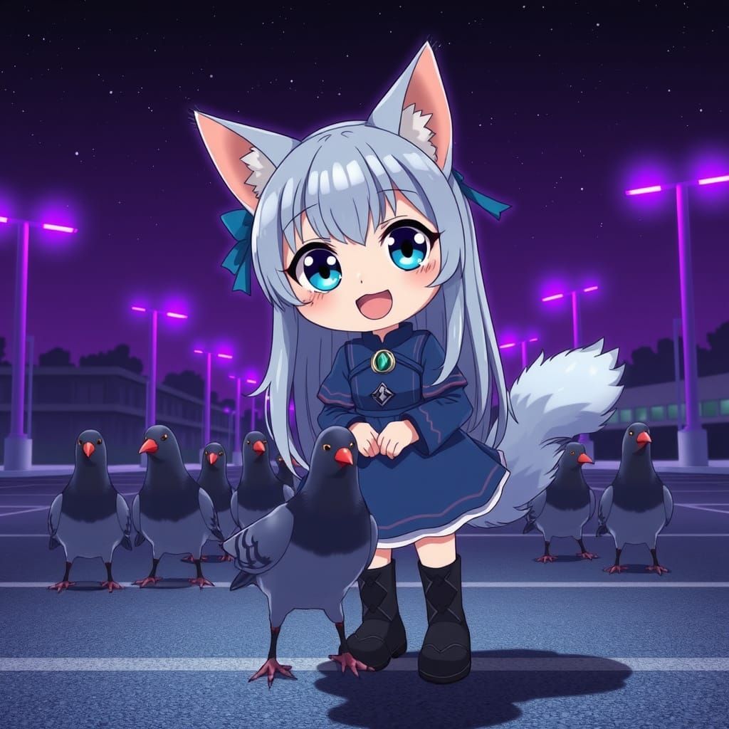 Anime Catgirl with Pigeons in Synthwave Setting
