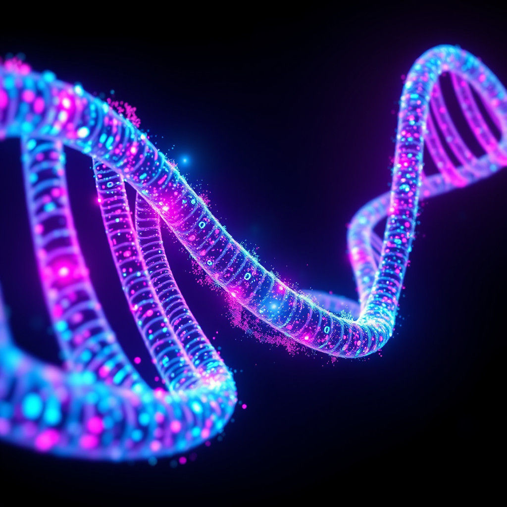 Futuristic DNA Helix in Neon Lights and Binary Code