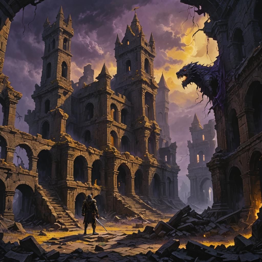 King Confronts Monster in Dark Fantasy Ruins