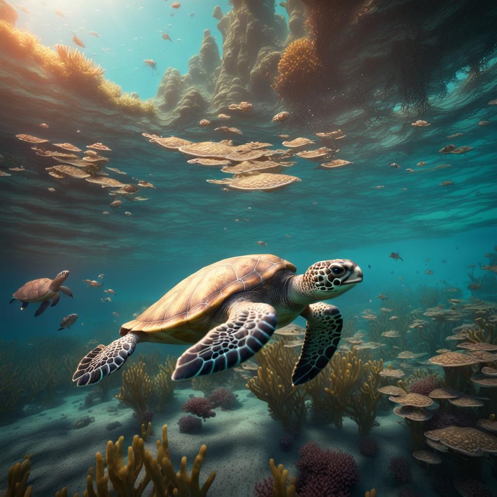 Sea Turtles in Underwater Paradise: Detailed Matte Painting