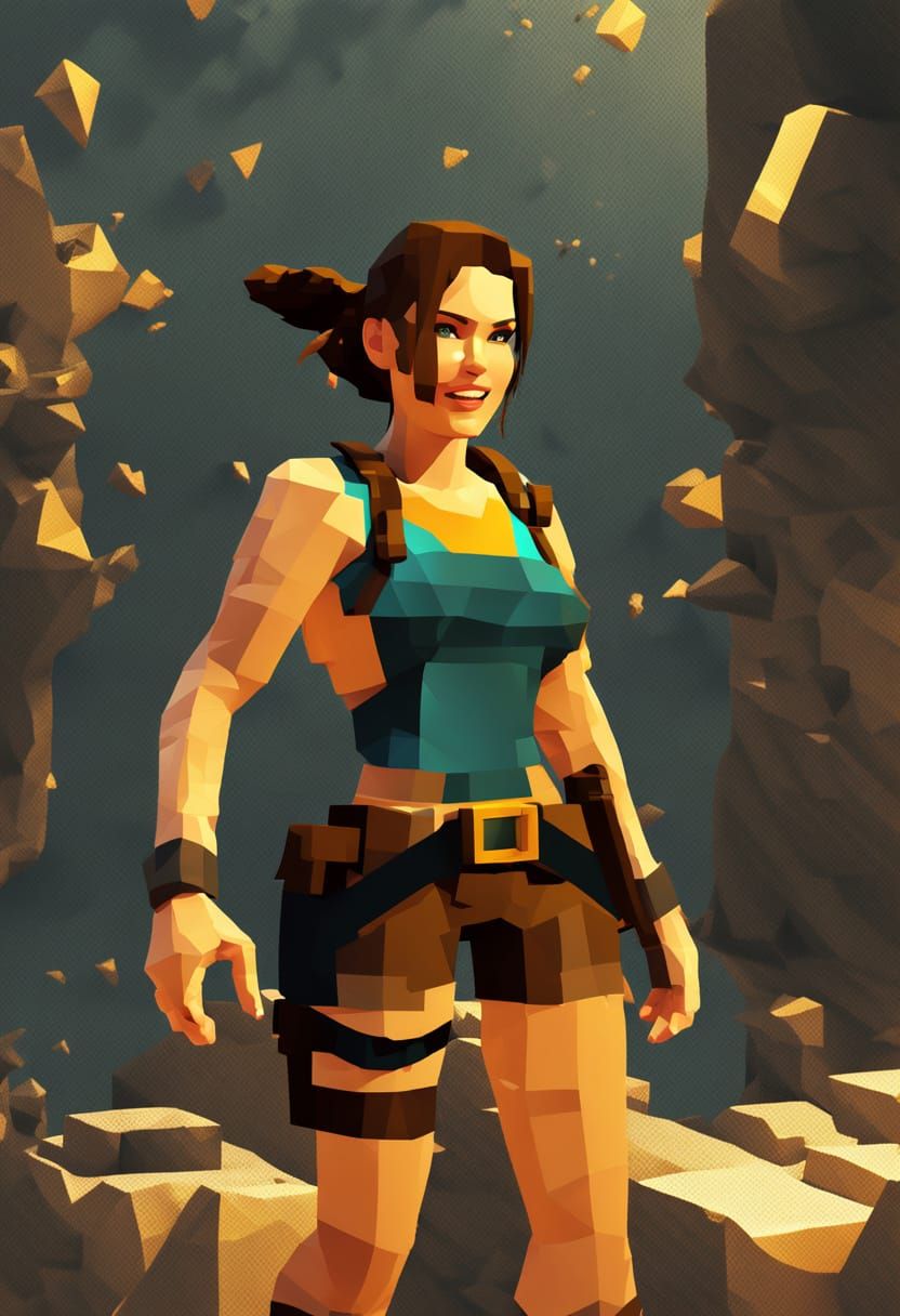 Retro Lara Croft Smiles with a Helping Hand in Low-Poly Pixe...