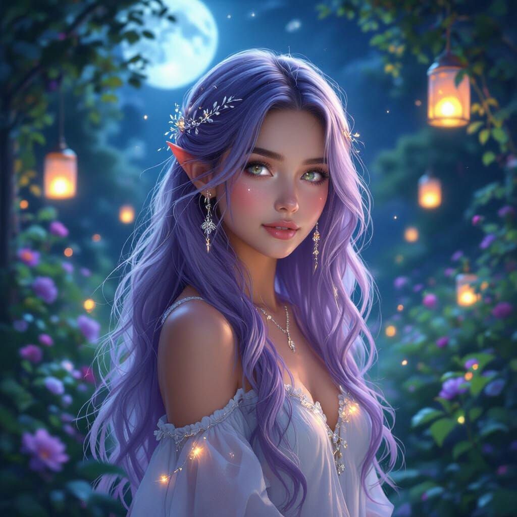 Mystical Moonlit Garden Portrait with Bioluminescent Flora