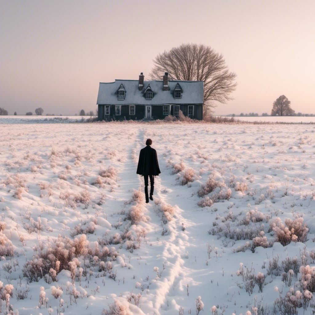 Winter Solitude: Figure Walking in Snowy Field