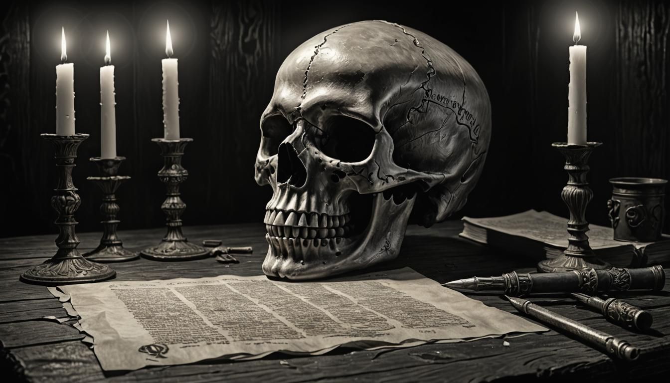 Monochromatic Skull Still Life in Tim Burton Style