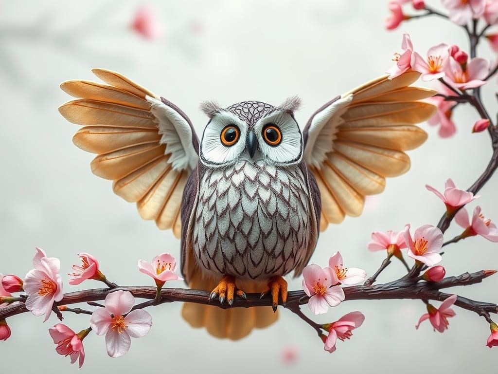 Sakura Branch Owl in Whimsical Fabric Art