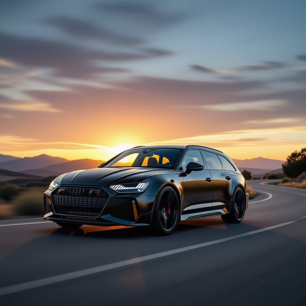 Matte Black Audi RS6 Wagon Speeds Down Deserted Road at Suns...
