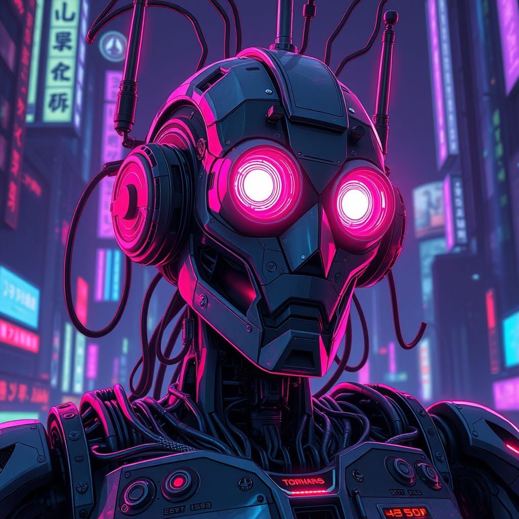 Robot in Neo Tokyo with Synthwave Neon Lights