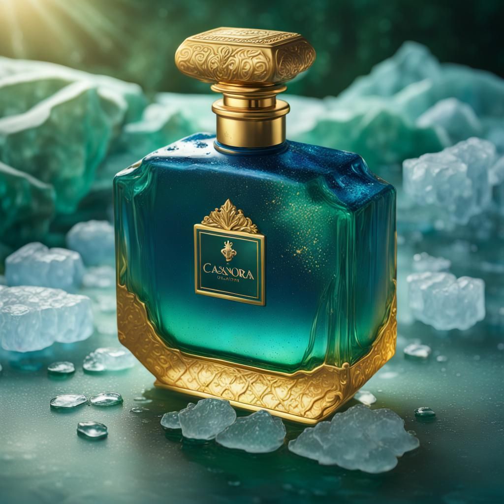 Golden Perfume in Gilt Bottle on Ice: Splash Art