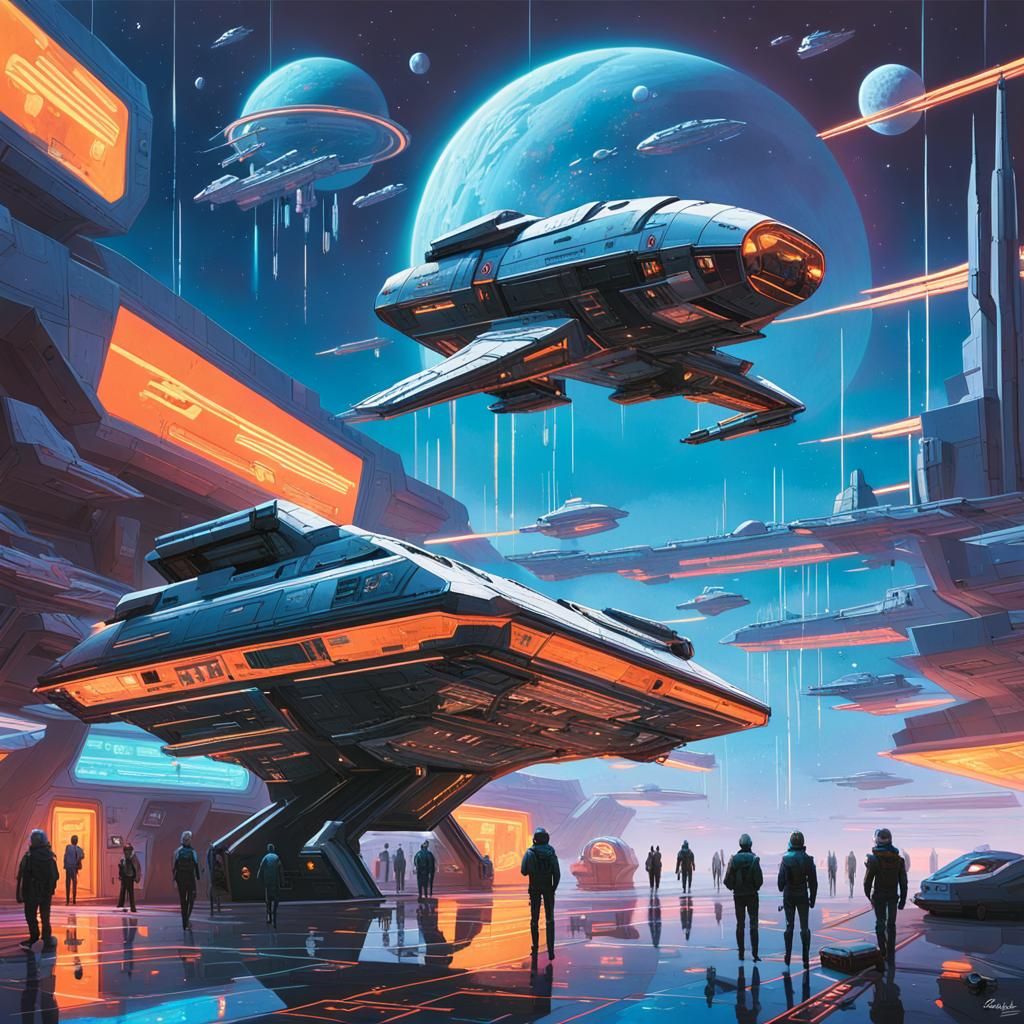 Retro-Futuristic Spaceport with Nebulae in Cyberpunk Style