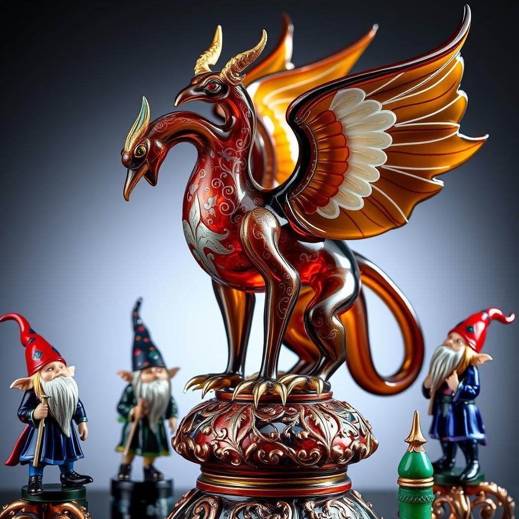 Enameled Glass Griffin Sculpture in Baroque Style