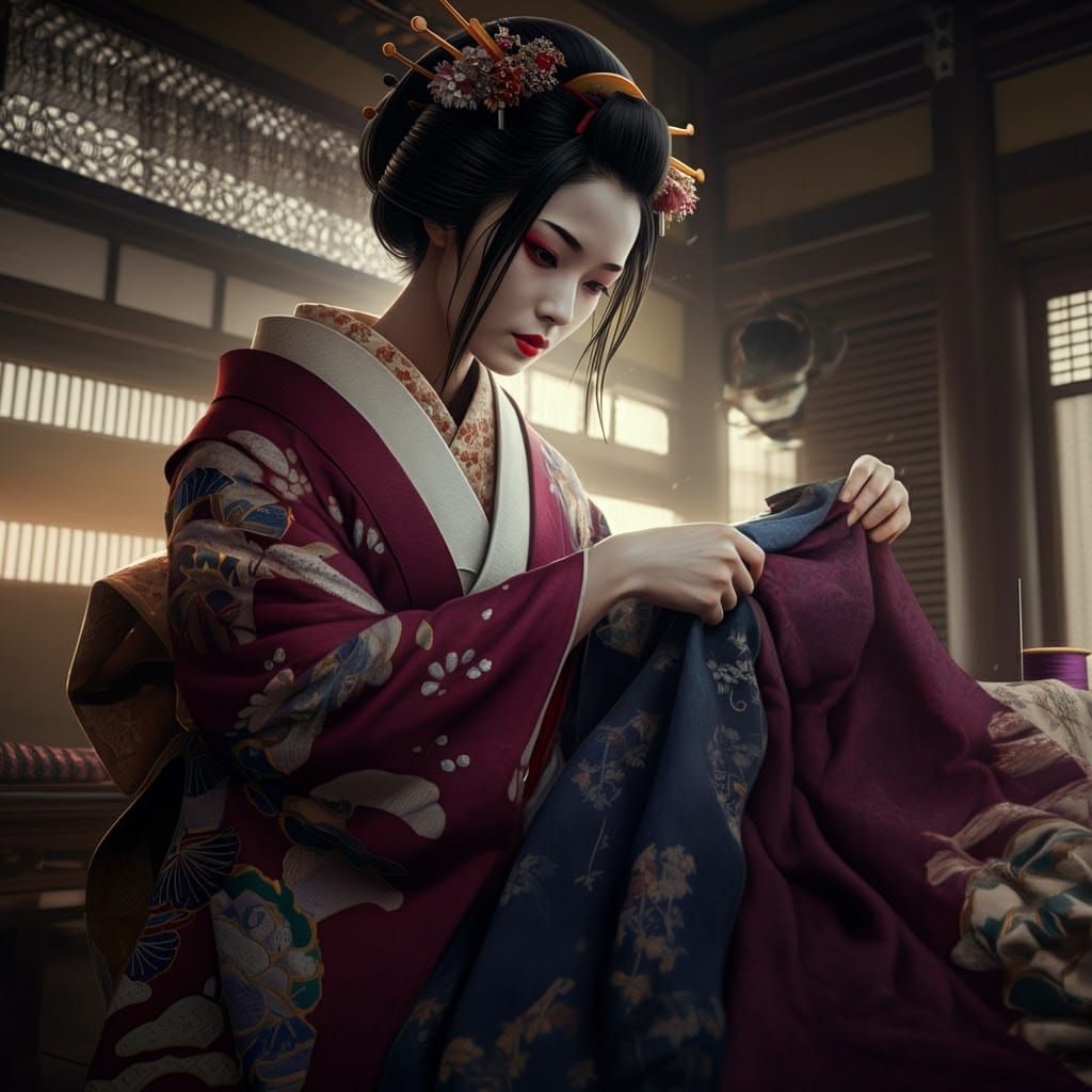 Edo Era Goddess of Fabrics in Burgundy Kimono