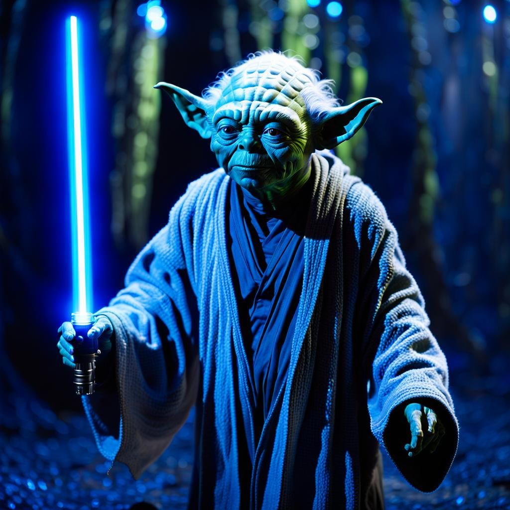 Translucent Force Ghost of Yoda in Blue Light