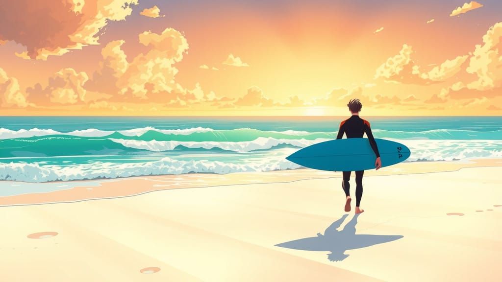 Sleek Surfer Walks Beach in Vibrant Cel-Shaded Style