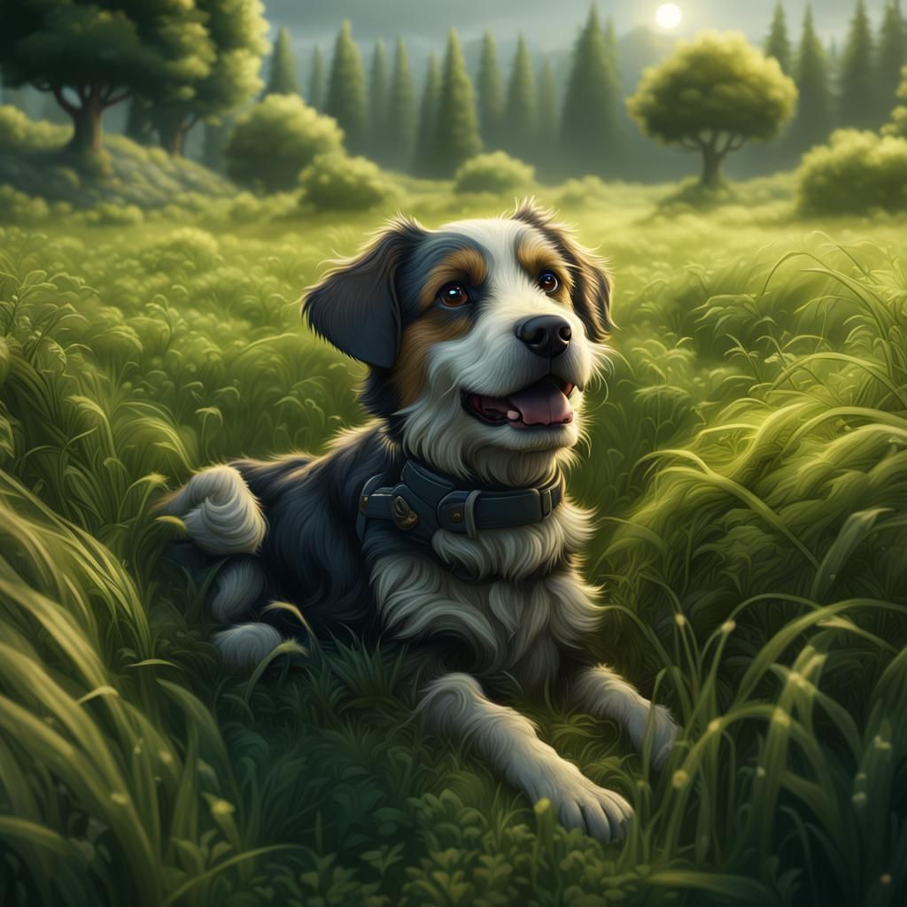 Dog in Grassy Field: Fantasy Concept Art