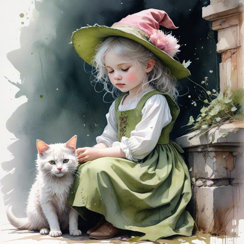 toddler witch with cat