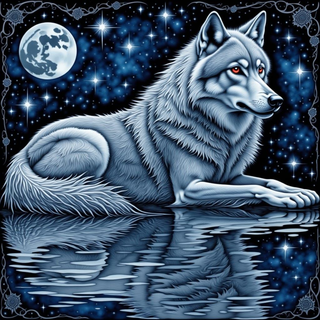 Wolf in Royal Blue Sky with Diamond Constellations and Silve...
