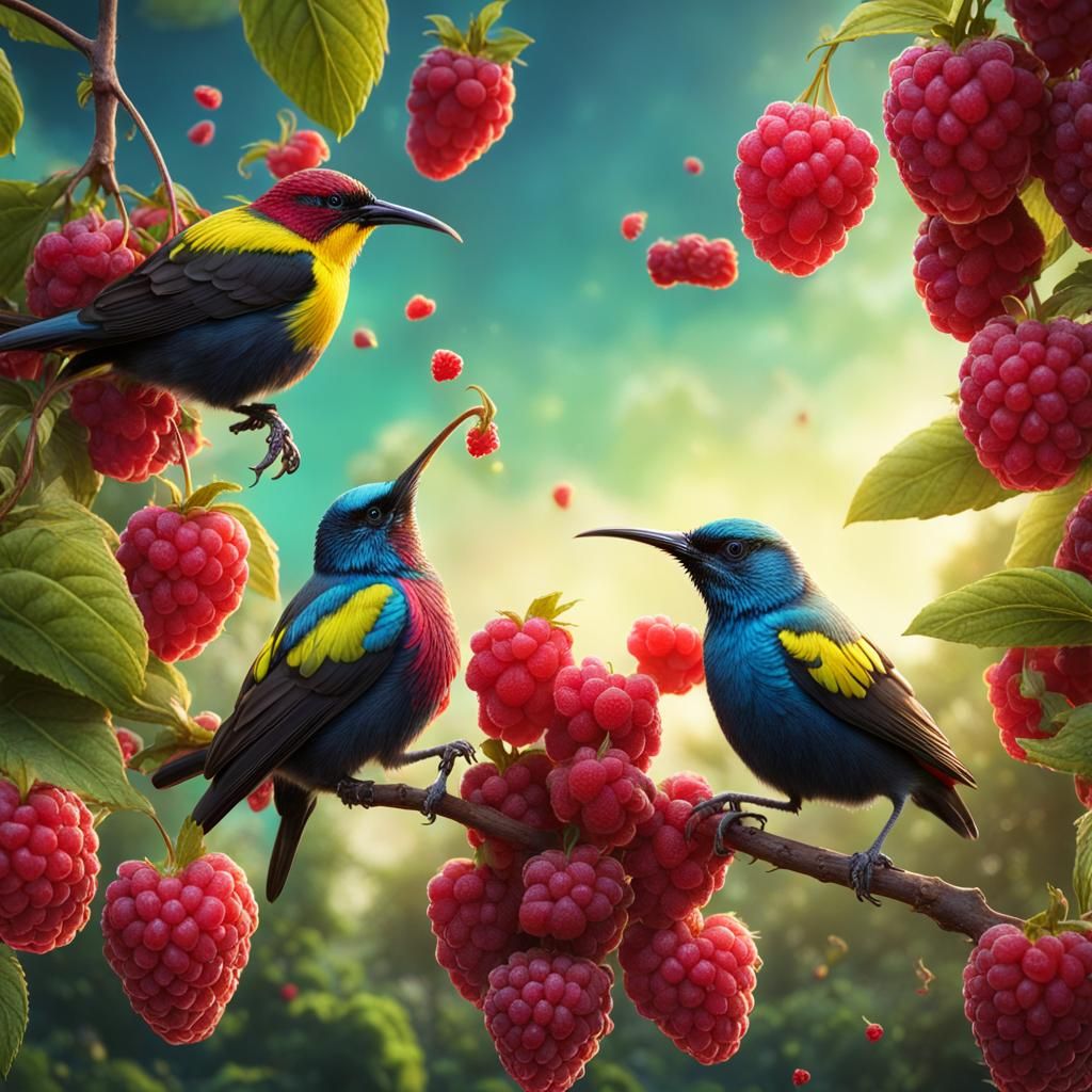 Colorful Sunbirds Eating Raspberries: Detailed Matte Paintin...