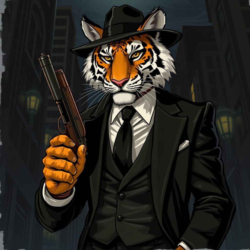 Gritty Noir Tiger in Tailored Suit with Tommy Gun