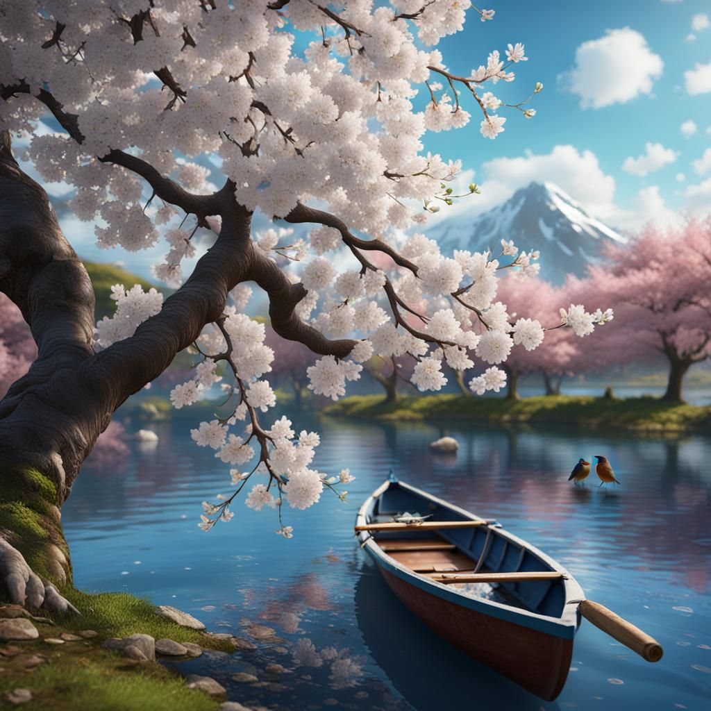 Cherry Blossom Lake in a Bottle: Detailed Matte Painting