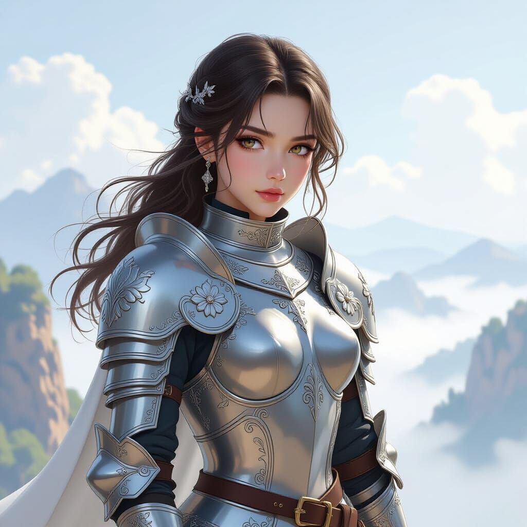 Female Knight in Silver Armor Overlooking Misty Valley