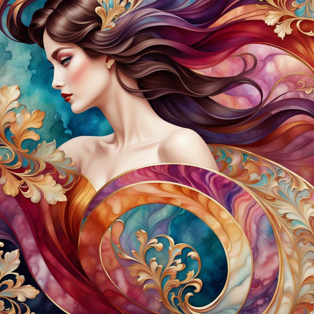 Marbled Watercolour Beauty Queen in Art Nouveau Style