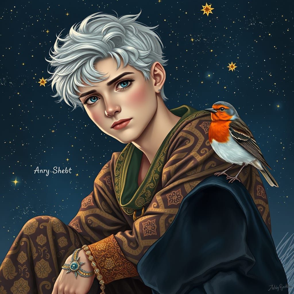 Contemplative Man Under Stars in Surreal Graphic Style