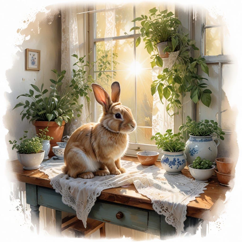 Holland Lop Rabbit in Sunlit Kitchen, Watercolor