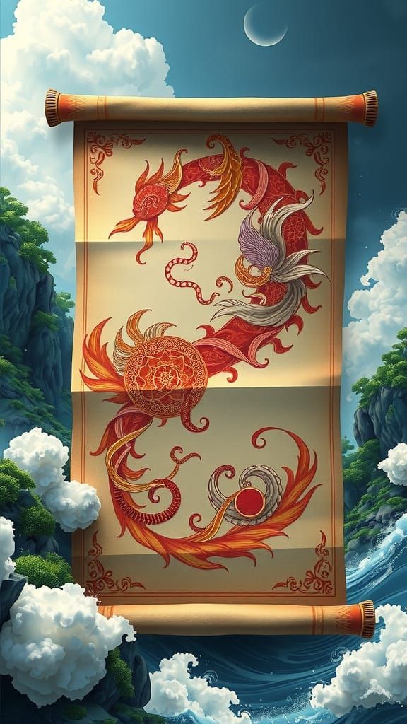 Surreal Fantasy Scroll Unfolds in a Stormy Landscape