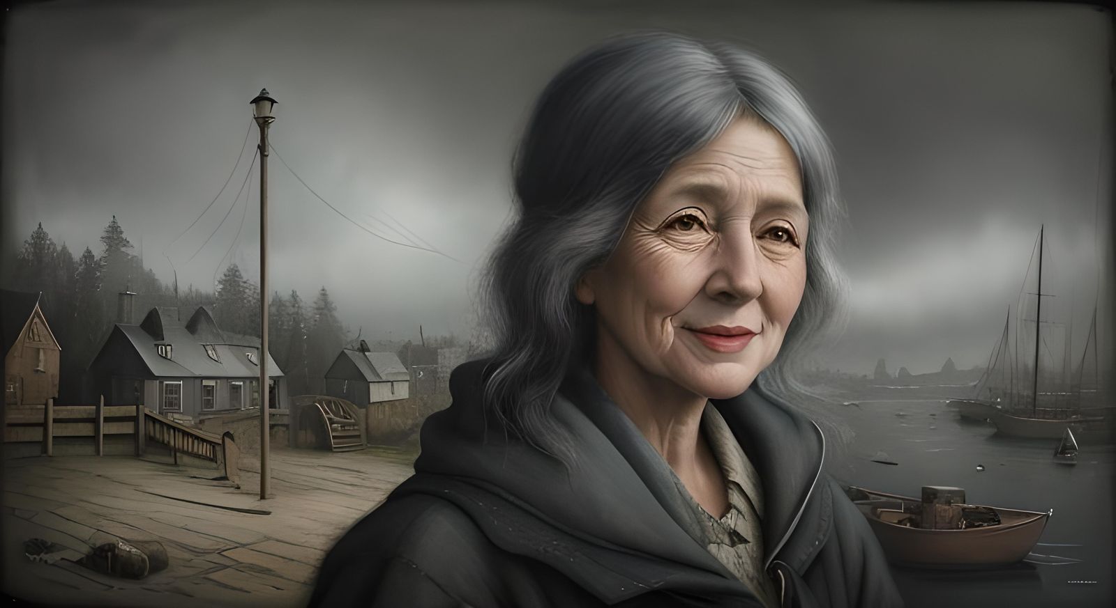 Smiling Naive Art Fisherwoman in Harbour Town